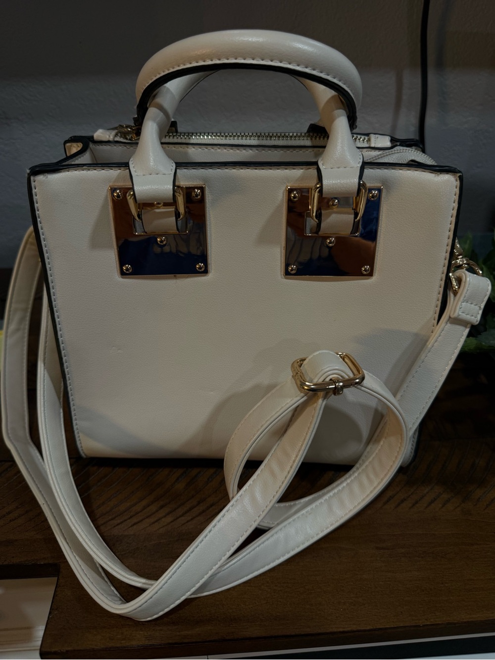 Cream Structured Top-Handle Satchel with Gold Hardware